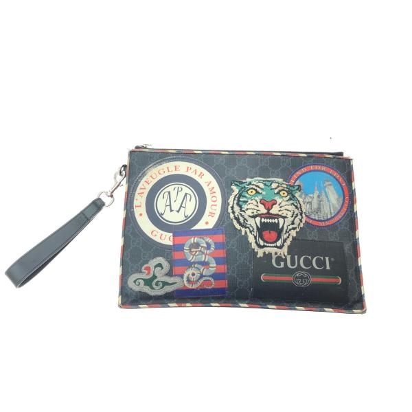 ▼▼GUCCI グッチ メンズ クラッチバッグ GGスプリーム ナイトクーリエクラッチ タイガー ワッペン 496346 ブラック GUCCI（グッチ） ▽▽ メンズ クラッチバッグ GGスプリーム ナイト