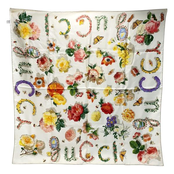 GUCCI（グッチ） フローラル柄 アイボリー シルク スカーフ やや傷や