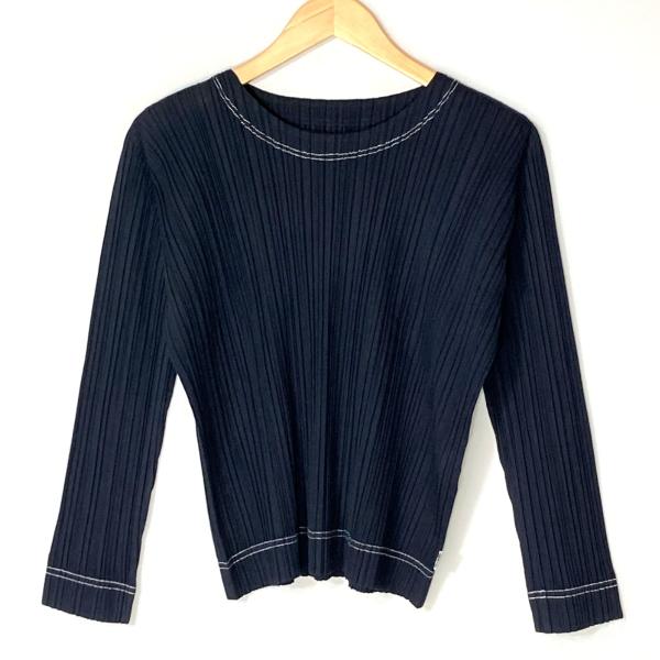 PLEATSPLEASE　濃紺　ノーカラー・長袖・トップス ISSEY MIYAKE イッセイミヤケ PLEATS PLEASE 長袖カットソー PP23JK621
