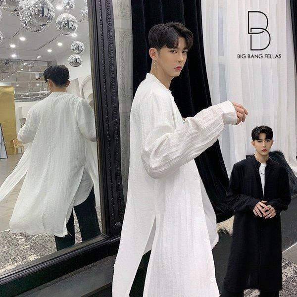 ノーカラー ロング丈 デザインシャツ ゆったり 襟ない 襟なし サイドスリット 春コート モード系 韓流 韓国 ファッション メンズ サロン系 原宿系 Ct 61 19 メンズファッション Bigbangfellas 通販 Yahoo ショッピング