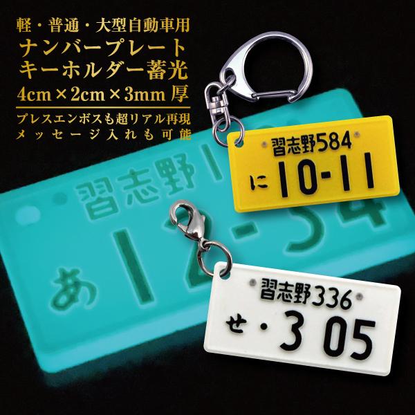 名入れ プレゼント 光る ナンバープレート キーホルダー 蓄光 自動車用 4cm×2cm×3mm厚 母の日 父の日