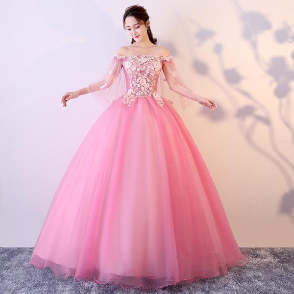 カラードレス ロングドレス 演奏会 コンサート パーティードレス ウェディング 二次会 プリンセス 結婚式 ステージ衣装 大きいサイズ ピンク