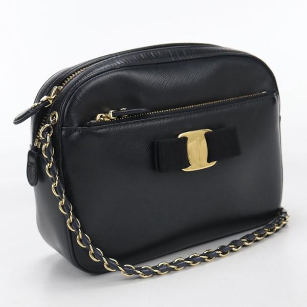 中古良品 FERRAGAMO フェラガモ ショルダーバッグ 21 F568 チェーン ヴァラリボン レディース ブラック
