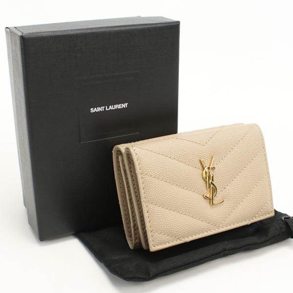 本物 サンローラン SAINT LAURENT オリガミ タイニー 三つ折り 折財布 コンパクトウォレット レザー ベージュ 668274 財布 ウォレット 中古・ SAINT LAURENT 中古 サンローラン 三つ折り財布 三折財布 レディース