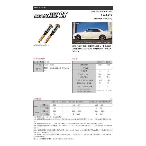 Max 車 バイク 自転車 ハイパーマックスシリーズ 足回り サスペンション Gt マーク マックス4 At009 Hks Ii At009 Mark Jzx101 ビッグラン市毛ストア トヨタ Gt Hipermax Series Iv Jzx101 トヨタ 品番