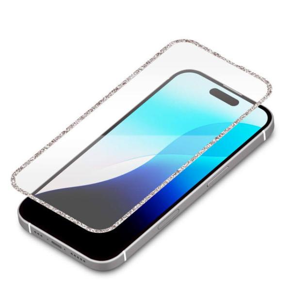 iPhone 16 Pro用 液晶全面保護ガラス ラメフレーム シルバー/高透明 PG-24BGLL02SV(メール便送料無料)
