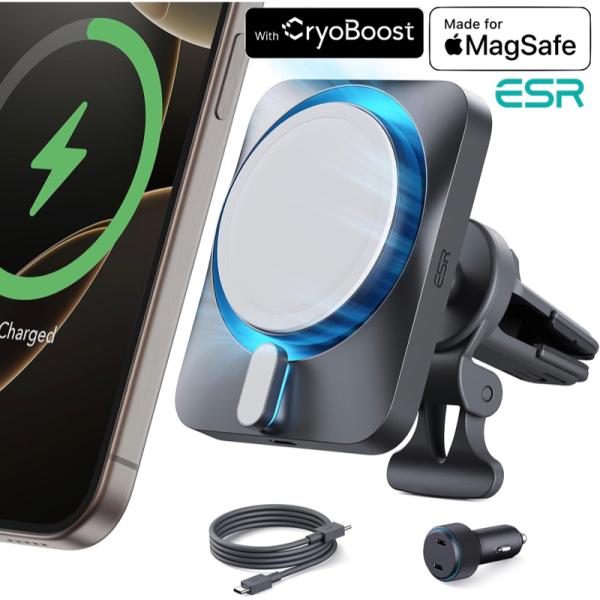 ESR 15W MagSafe車載充電器 CryoBoost付き MagSafe公認充電器 冷却ファン 磁気ワイヤレス車載ホルダー iPhone 17/16/15/14/13/12シリーズ シガーソケット