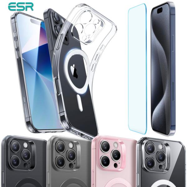 ESR iPhone 16 16 Pro 16 Plus 16 Pro MAX ケース 強化ガラスフィルム付き MagSafe対応 カメラ保護 黄ばみ防止 耐傷性 半透明クリア 透明 クリア ケース TPU
