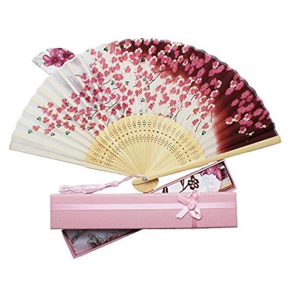 Boshiho 扇子 & 扇子袋 扇 和風 和装 高級シルク 正絹 綺麗 花 花柄 レディース おしゃれ 上品 華やか 防暑