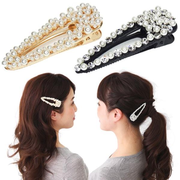 ダッカール クリップ 中抜きのトライアングルボディ パールとクリスタルで華やかです ヘアアクセサリー