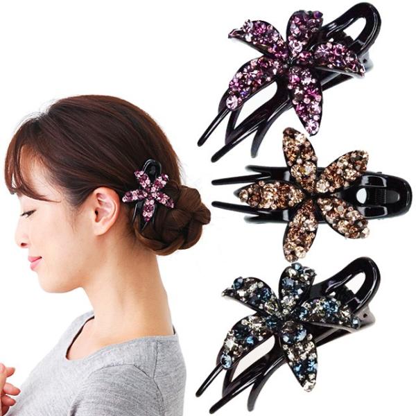 サイドバンス クリップ  横型 5弁大輪一輪花 キラキラ ラインストーン ヘアアクセサリー