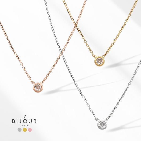 金属アレルギー対応  シンプル ネックレス 一粒石 ステンレス アクセサリー ジルコニア bine0122