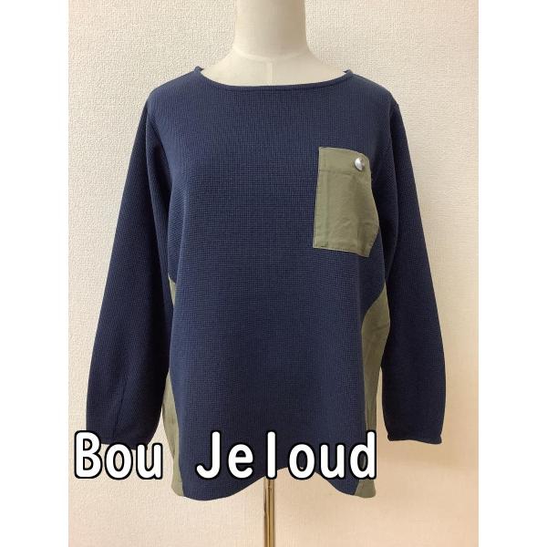 Bou Jeloud ブージュルード ネイビーワッフル風生地カットソー オリーブ色生地切替 サイズフリー