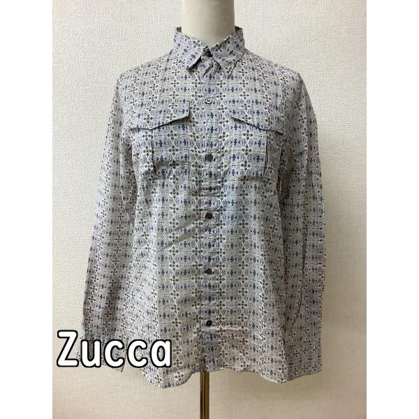 薄グレーにラベンダー色など柄 コットンシャツ サイズM