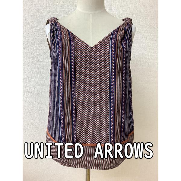 エスニック柄ノースリーブトップス 紺×オレンジ茶色