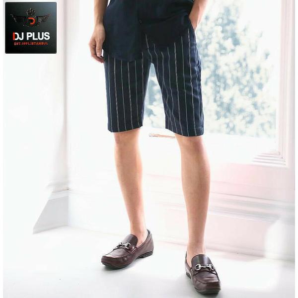 ハーフパンツ ショートパンツ ストライプ 膝上 ストレッチ スリム 紺