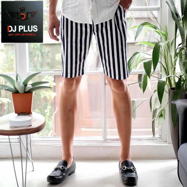 ストライプ柄ハーフパンツ 36サイズ ハーフパンツ ショートパンツ ストライプ 膝上 スリム 紺/白 30