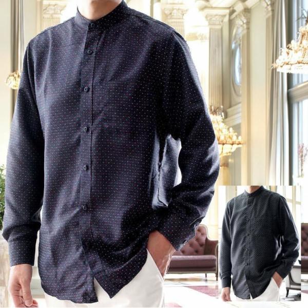 マオカラーシャツ バンドカラーシャツ スタンドカラー ドット柄 黒/紺