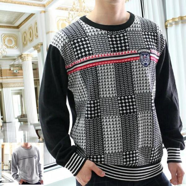 ニット クルーネックセーター メンズ チェック柄 薄地 薄手 春秋冬