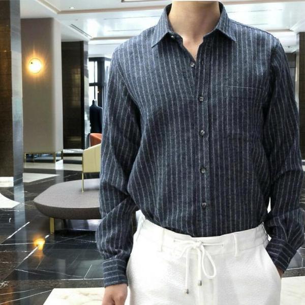 【完売品】BLACK UP ストライプ半袖シャツ青 antiqua_zo-00033u