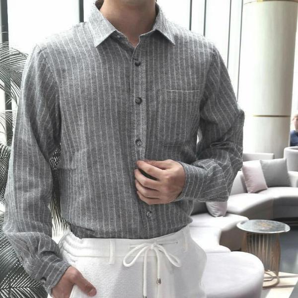 ストライプシャツ 長袖シャツ 綿 コットンブレンド メンズ グレー