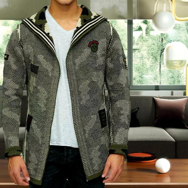 迷彩 コーディガン メンズ ニット パーカー ロングカーディガン