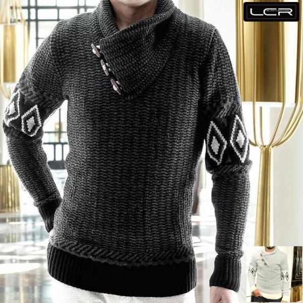 ローゲージニット メンズ セーター ハイネック 厚手 黒グレーベージュ