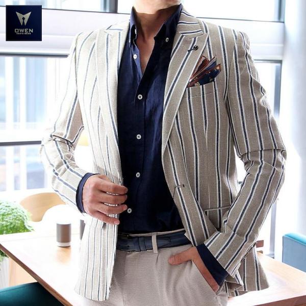 テーラードジャケット ブレザー ベージュ 麻/リネン ストライプ 春/秋