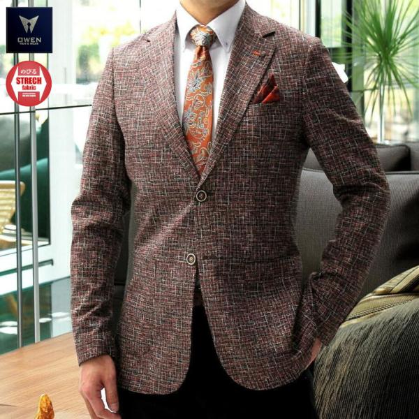 テーラードジャケット ブレザー ツイード調柄 ストレッチ 茶オレンジ