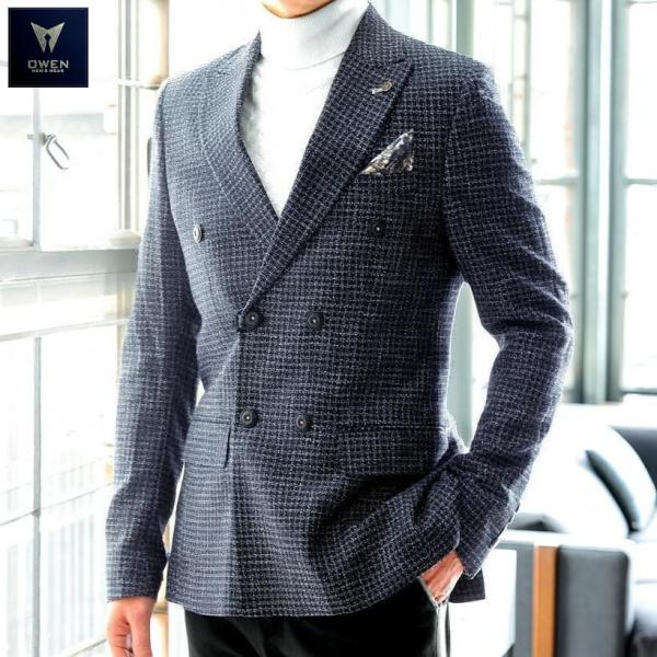 ダブル ブレザー テーラードジャケット 紺 絣 格子 チェック柄