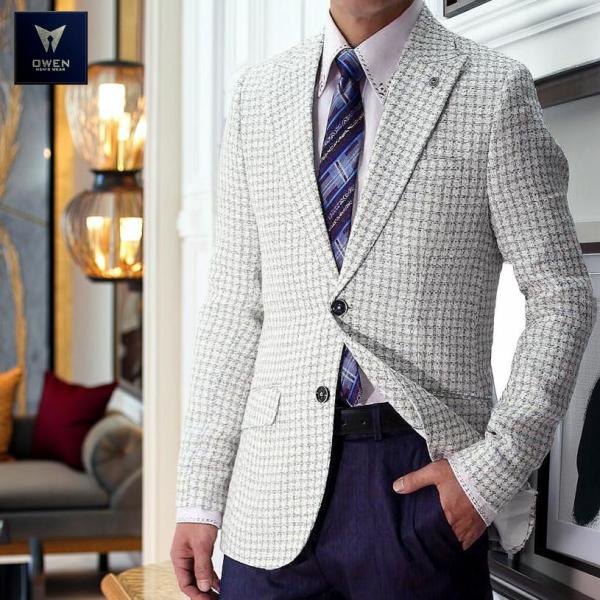 テーラードジャケット ツイード ブレザー チェック メンズ 白/水色