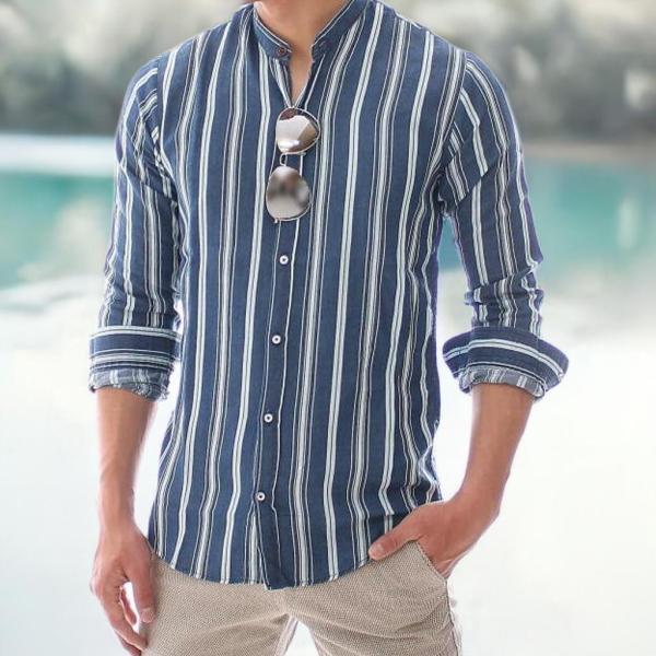 ダンガリーシャツ メンズ ストライプ 長袖シャツ バンドカラー