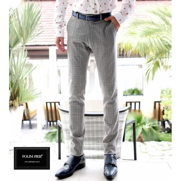 シアサッカー スリムスラックス グレンチェック ダークブルー 春/夏/秋