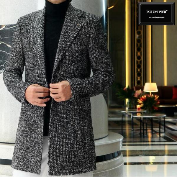 チェスターコート ツイード ハーフコート メンズ シングル 黒 秋冬