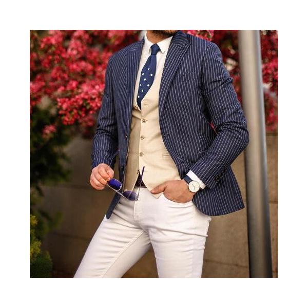 サマージャケット テーラードジャケット ストライプ 麻 リネン 紺