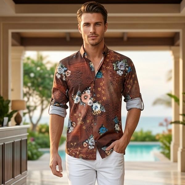 柄シャツ 花柄 長袖シャツ ストレッチ メンズ 緑 大きいサイズも入荷