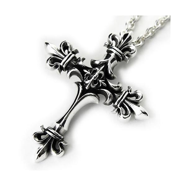 フレア クロス ネックレス メンズ ペンダントトップ シルバー925 百合 十字架 大きめ ゴシック チェーンなし メンズアクセサリー 男性用 レディース 男女兼用