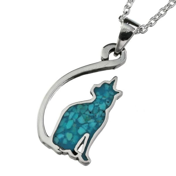 ターコイズ 猫 ネックレス メンズ シルバー925 天然石 トルコ石 ネコ シルエット 青 12月誕生石 アズキチェーン付き ペンダント シルバーアクセサリー 男女兼用