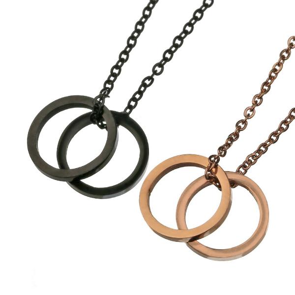 ツインリング ペアネックレス カップル ステンレス316L ブラック ピンクゴールド ダブルリング 2本セット メンズアクセサリー 男性用 レディース ユニセックス
