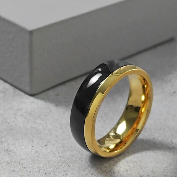 刻印可能 ブラック ゴールド リング メンズ 指輪 ステンレス 7mm幅 太め 甲丸 バイカラー 黒 金色 シンプル スチールリング メンズアクセサリー 男性用指輪