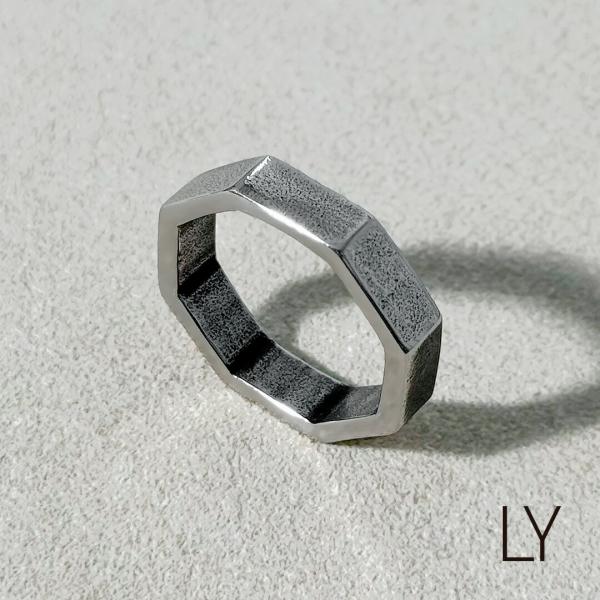 オクタゴンリング メンズ レディース 指輪 ステンレス 5mm幅 八角形 鏡面 ザラザラ ファセット 多面 カット シルバー 男女兼用 メンズリング レディースリング