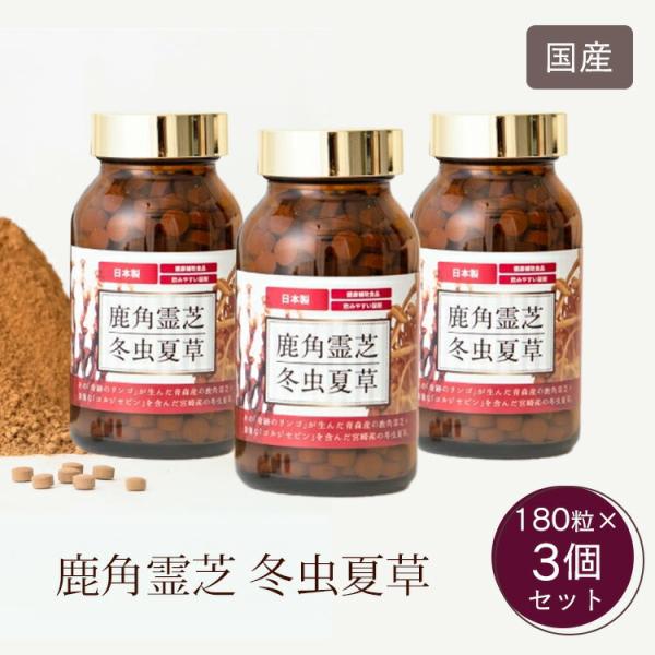 ■名称霊芝・冬虫夏草 加工食品■原材料鹿角霊芝、冬虫夏草、二酸化ケイ素、ステアリン酸カルシウム■内容量45g(250mg×180粒)×3　約90日分■飲み方1日6粒を目安に、水またはぬるま湯とともにお召し上がり下さい。■保存方法直射日光・高...