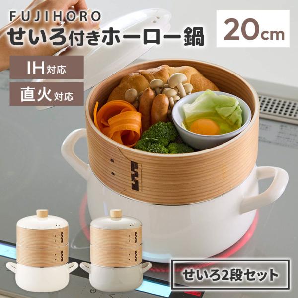 せいろ2段セット 富士ホーロー せいろ付きホーロー鍋 20cm メッシュシート付き せいろ蒸し 蒸し器 ガス火 IH 蒸し料理 蒸し野菜 両手鍋 鍋セット