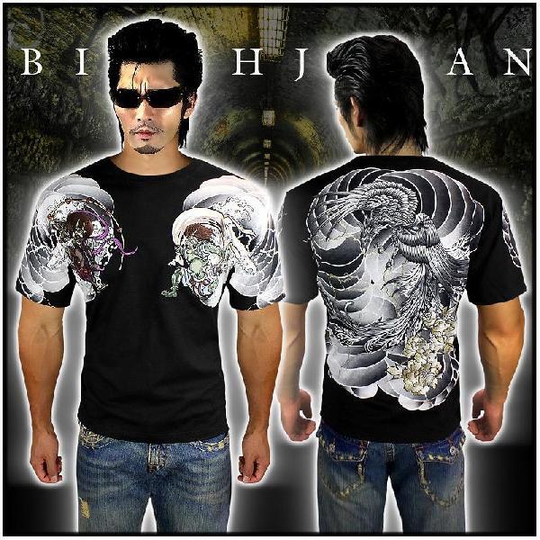 ポイント10倍 和柄絡繰魂 風神雷神刺青刺繍 黒 半袖Tシャツ232307