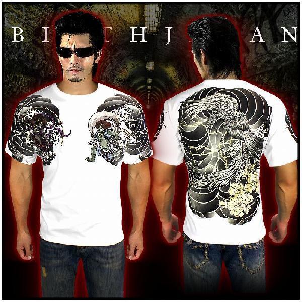 ポイント10倍 和柄絡繰魂 風神雷神刺青刺繍 白 半袖Tシャツ232307