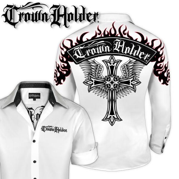 刺繍入り長袖シャツ CH-011 白 羽クロス 服 CROWN HOLDER ダンス B系