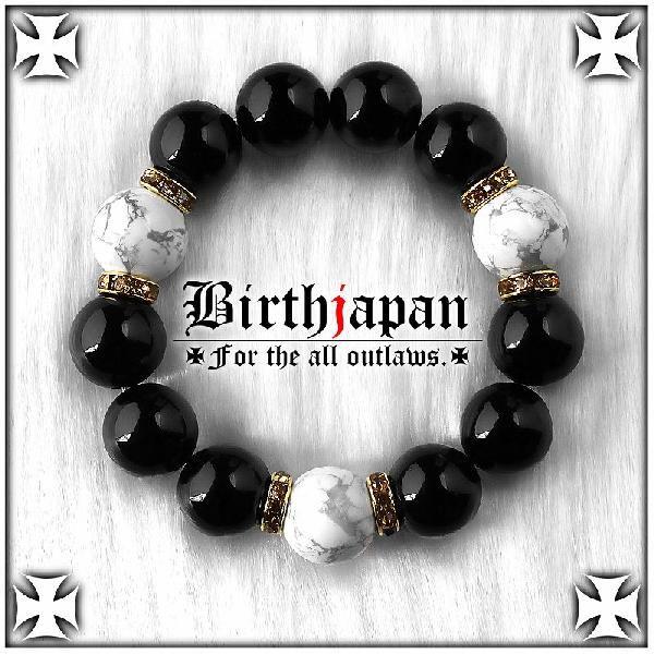 ポイント10倍 極太16mm ロンデル×オニキス ハウライト数珠ブレスレット