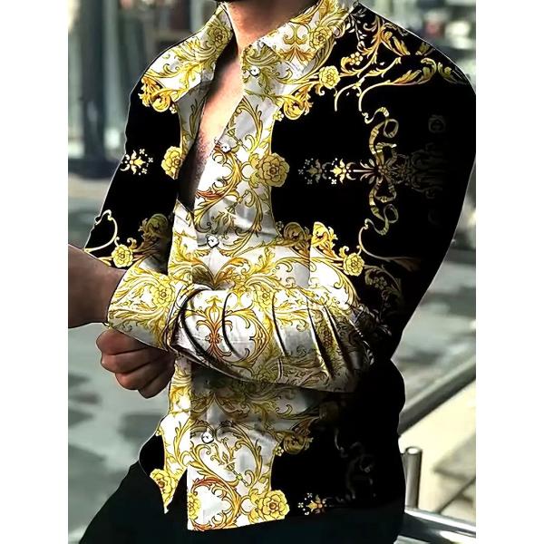 バロック柄 長袖シャツ 黒白 038 柄シャツ Yシャツ ドレスシャツ 