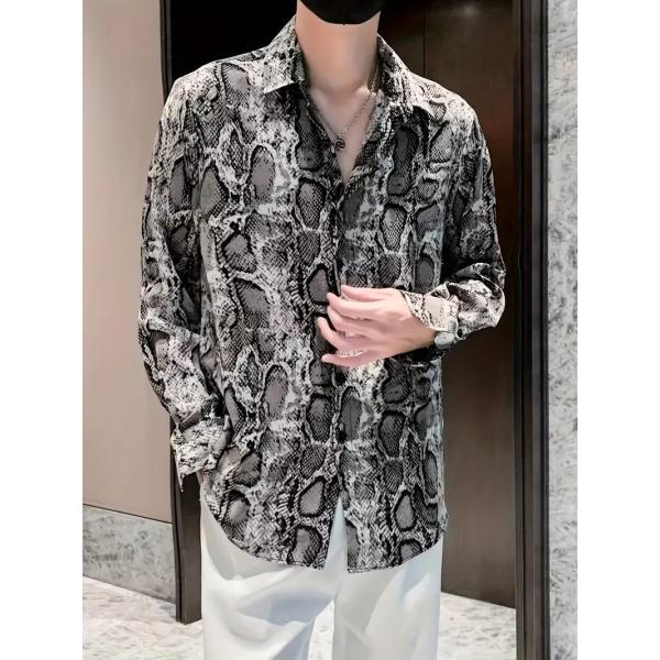 パイソン柄長袖シャツ グレー 110 蛇柄 ドレスシャツ Yシャツ 柄シャツ