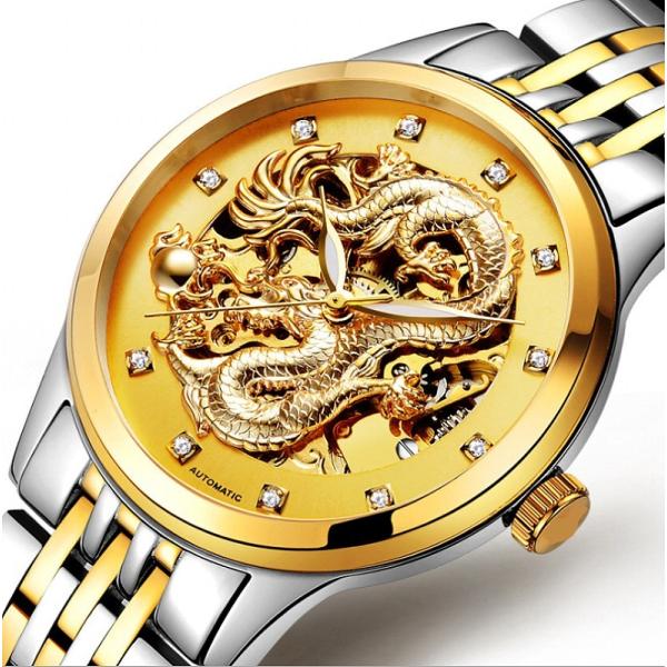 012 銀×金 龍神柄 機械式 自動巻き 腕時計 メンズ ファッション 紳士